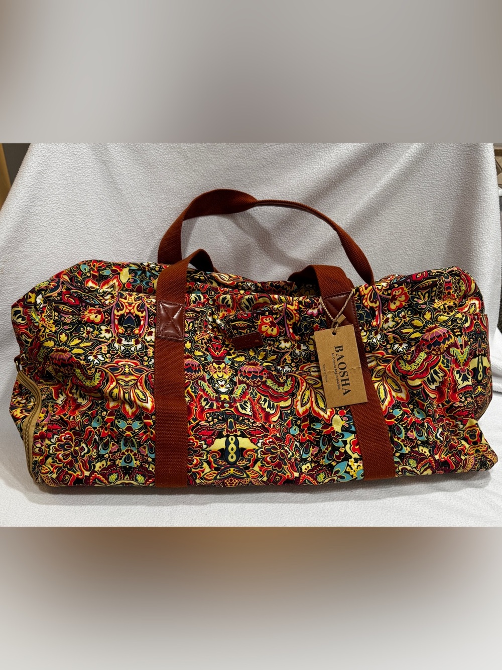 Multicolor Floral Travel Duffle Bag with Brown Straps